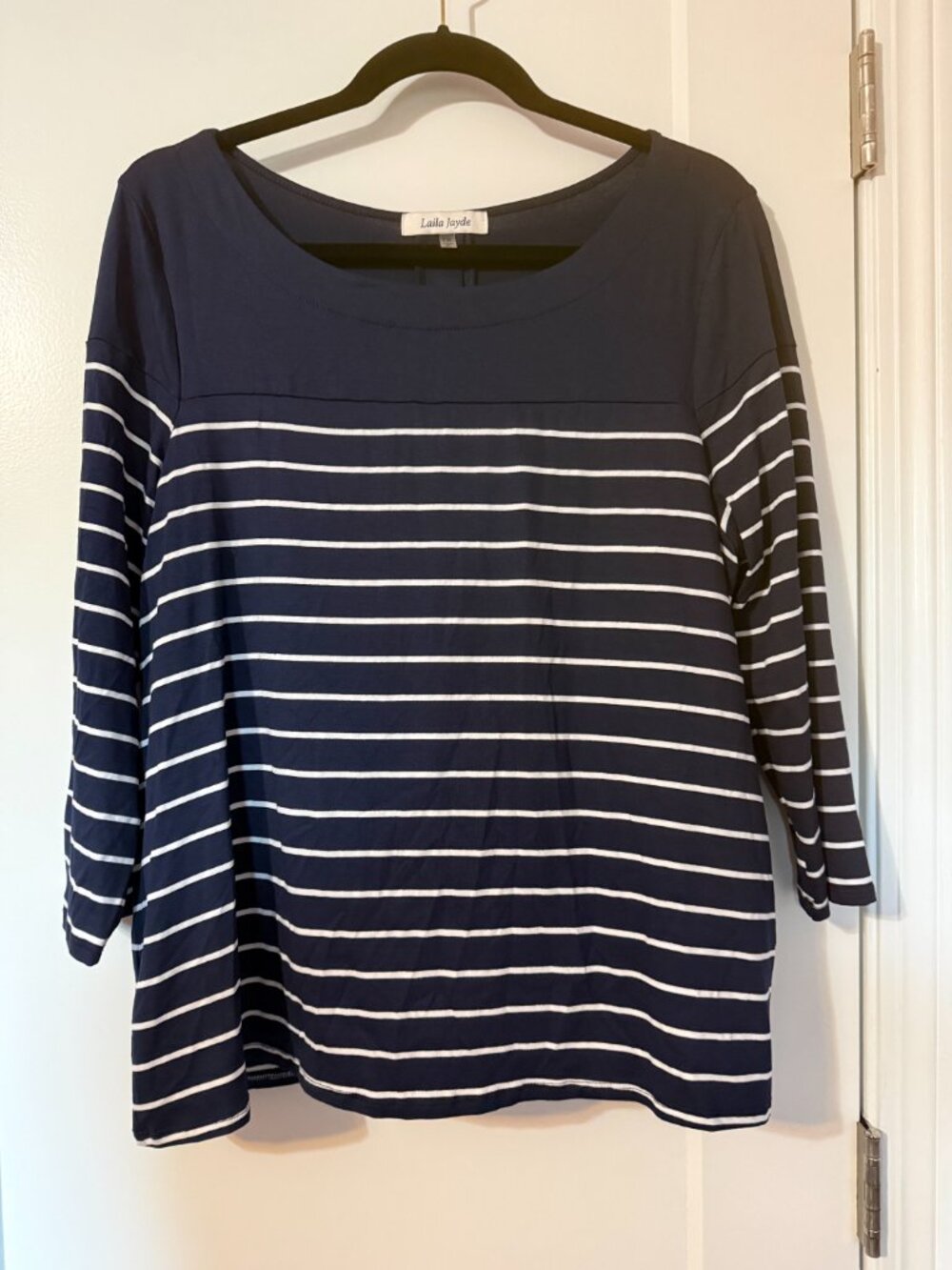 Laila Jayde Navy Striped Button Back Top 1X